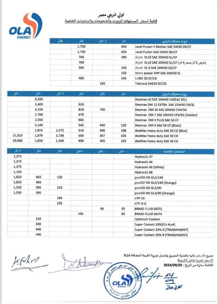 قائمة أسعار زيوت أولي إنرجي مصر بتاريخ 5 سبتمبر 2024