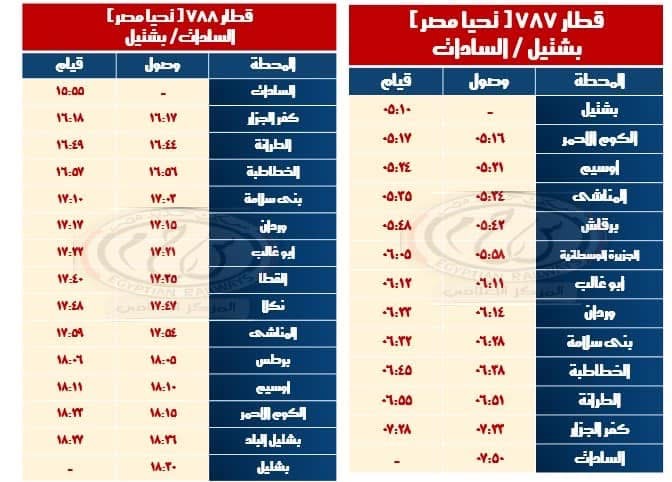 مواعيد قطارات تحيا مصر على خط بشتيل / كفر داوود / السادات